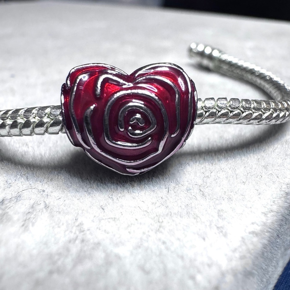 Heart Rose Charm Bead Red Enamel Silver Tone fits Pandora - Picture 9 of 11